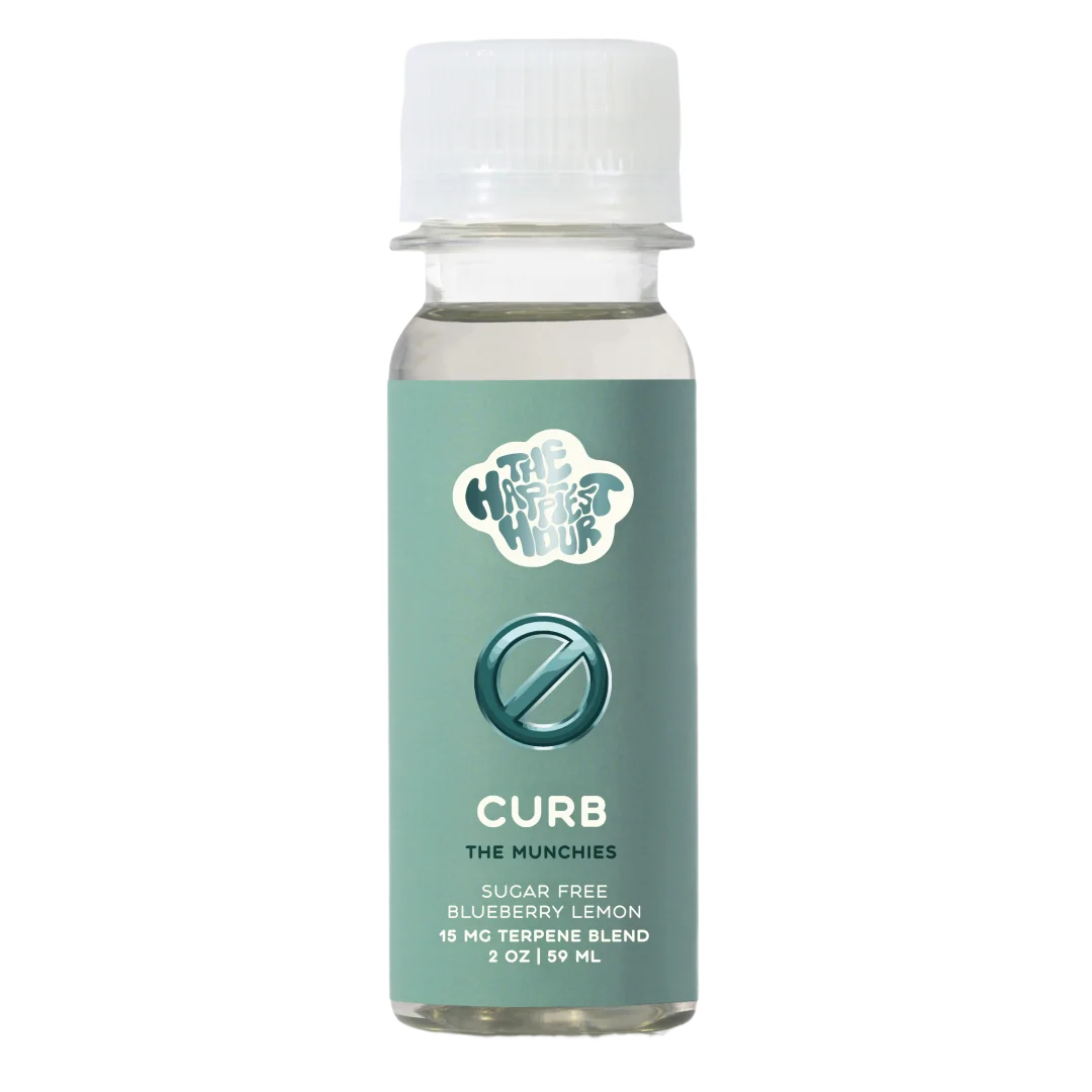 A bottle of CURB, a dietary supplement designed to suppress appetite, with a label indicating it is sugar-free and has a lemon flavor.