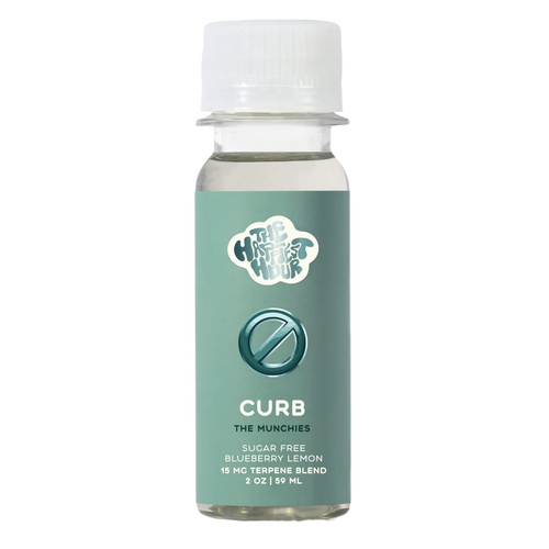 A bottle of CURB, a dietary supplement designed to suppress appetite, with a label indicating it is sugar-free and has a lemon flavor.