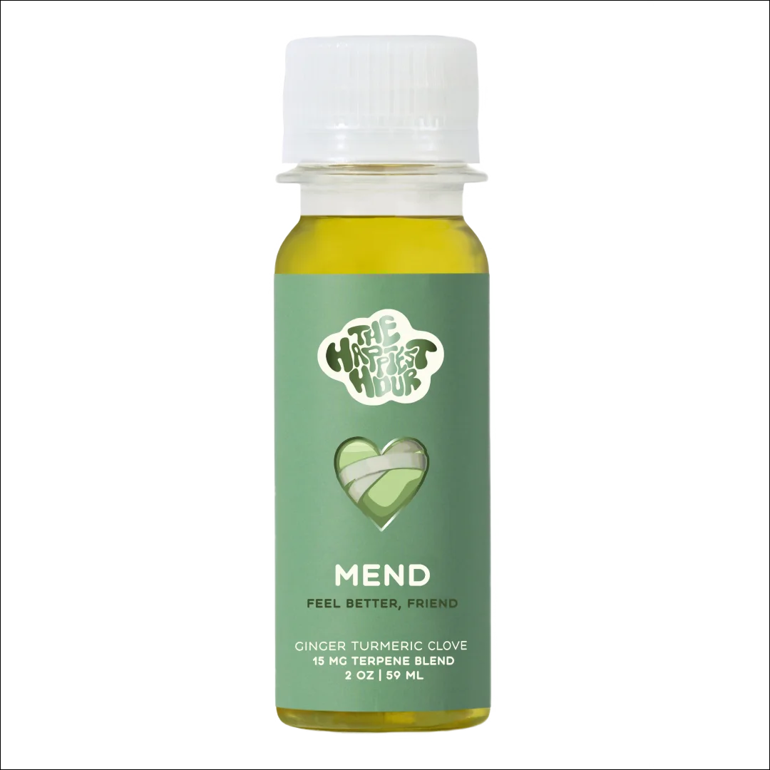 A bottle of 'MEND' terpene-infused beverage with ginger-turmeric flavor, designed for recovery and soothing sore muscles.