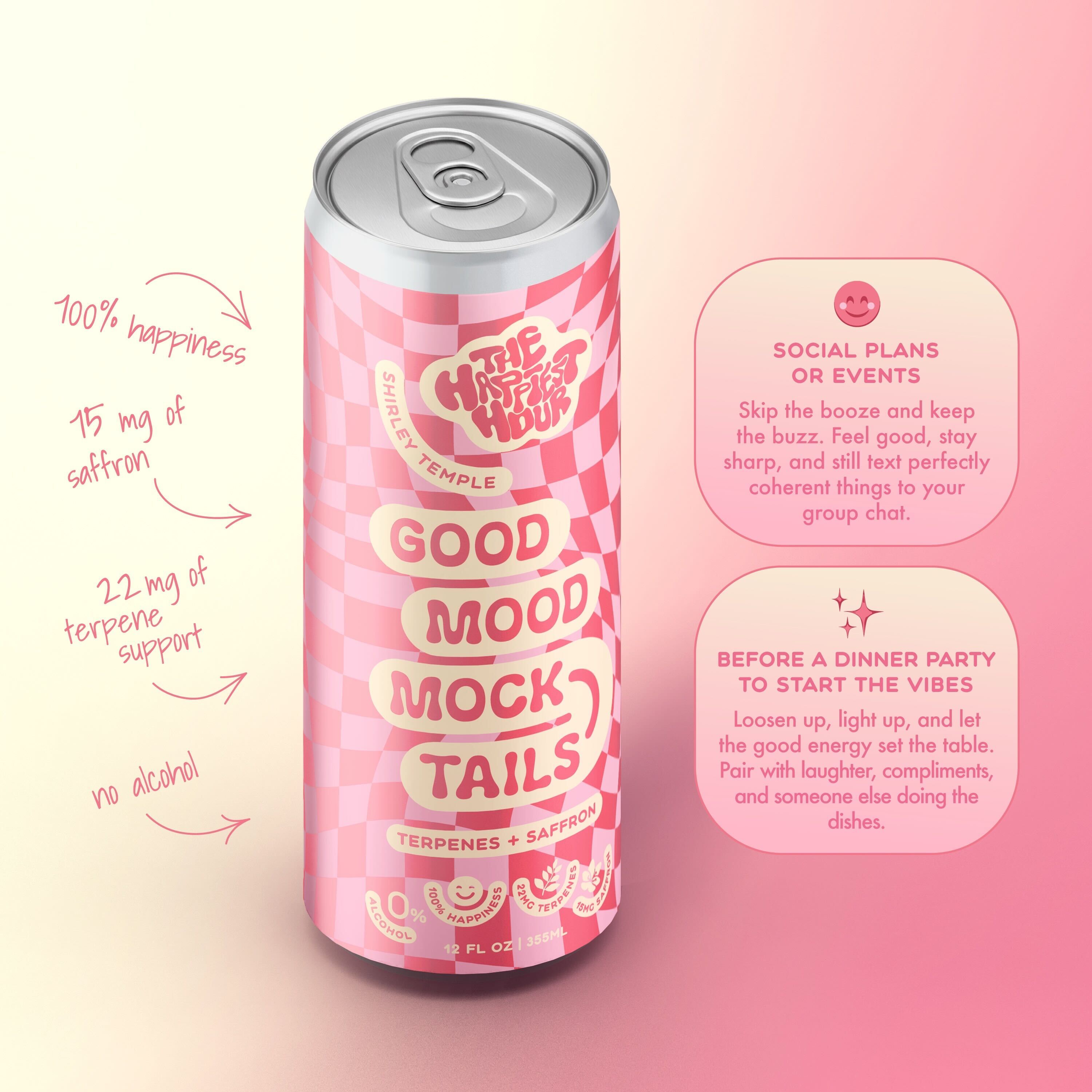 Can of 'Good Mood Mocktails' with pink and white design on a pink background