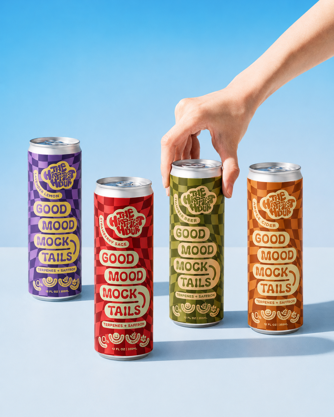 Hands holding Good Mood Mocktails cans