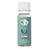 A bottle of CURB, a dietary supplement designed to suppress appetite, with a label indicating it is sugar-free and has a lemon flavor.