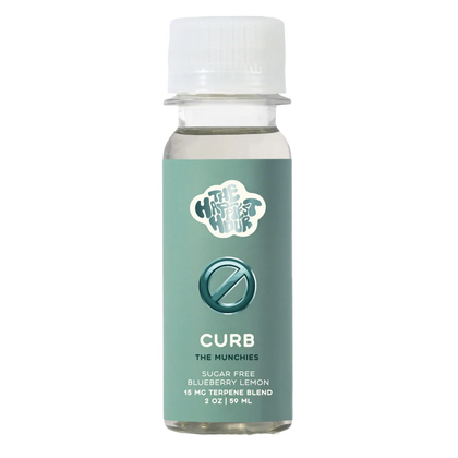 A bottle of CURB, a dietary supplement designed to suppress appetite, with a label indicating it is sugar-free and has a lemon flavor.