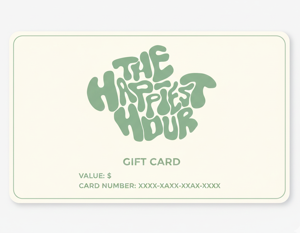 Gift card with 'The Happiest Hour' branding on a light gray background