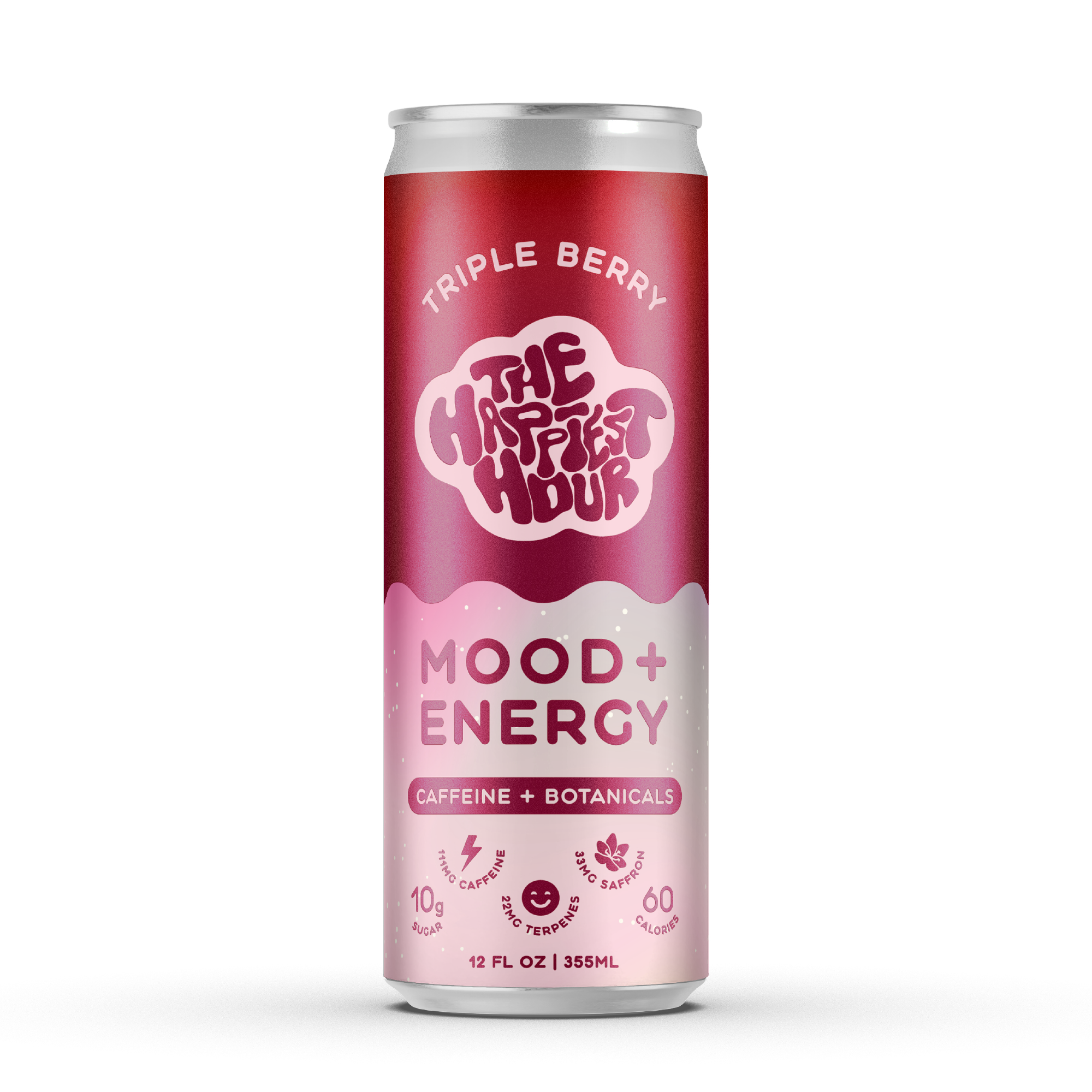Mood + Energy drink can with 'Triple Berry' flavor on a white background