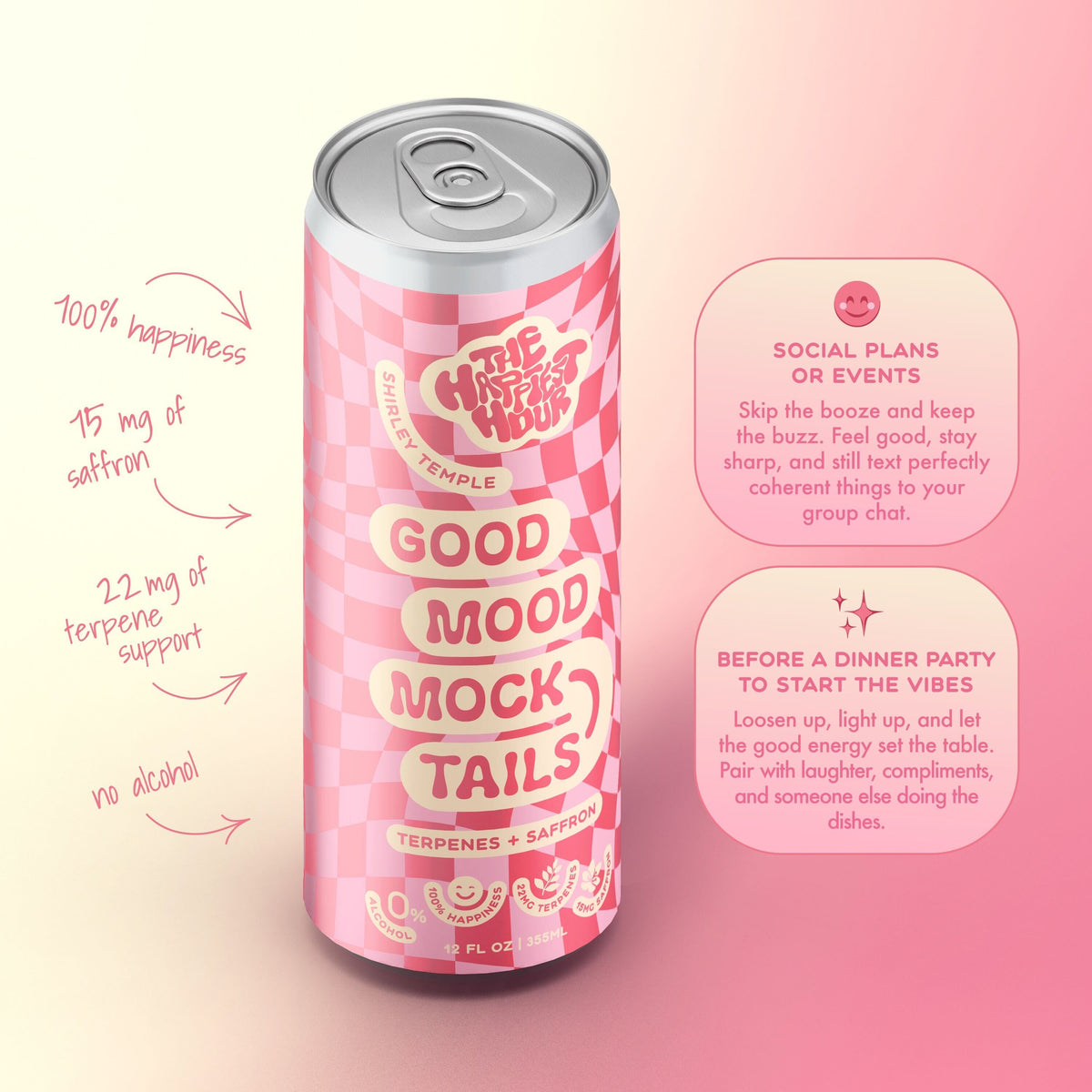Can of 'Good Mood Mocktails' with pink and white design on a pink background