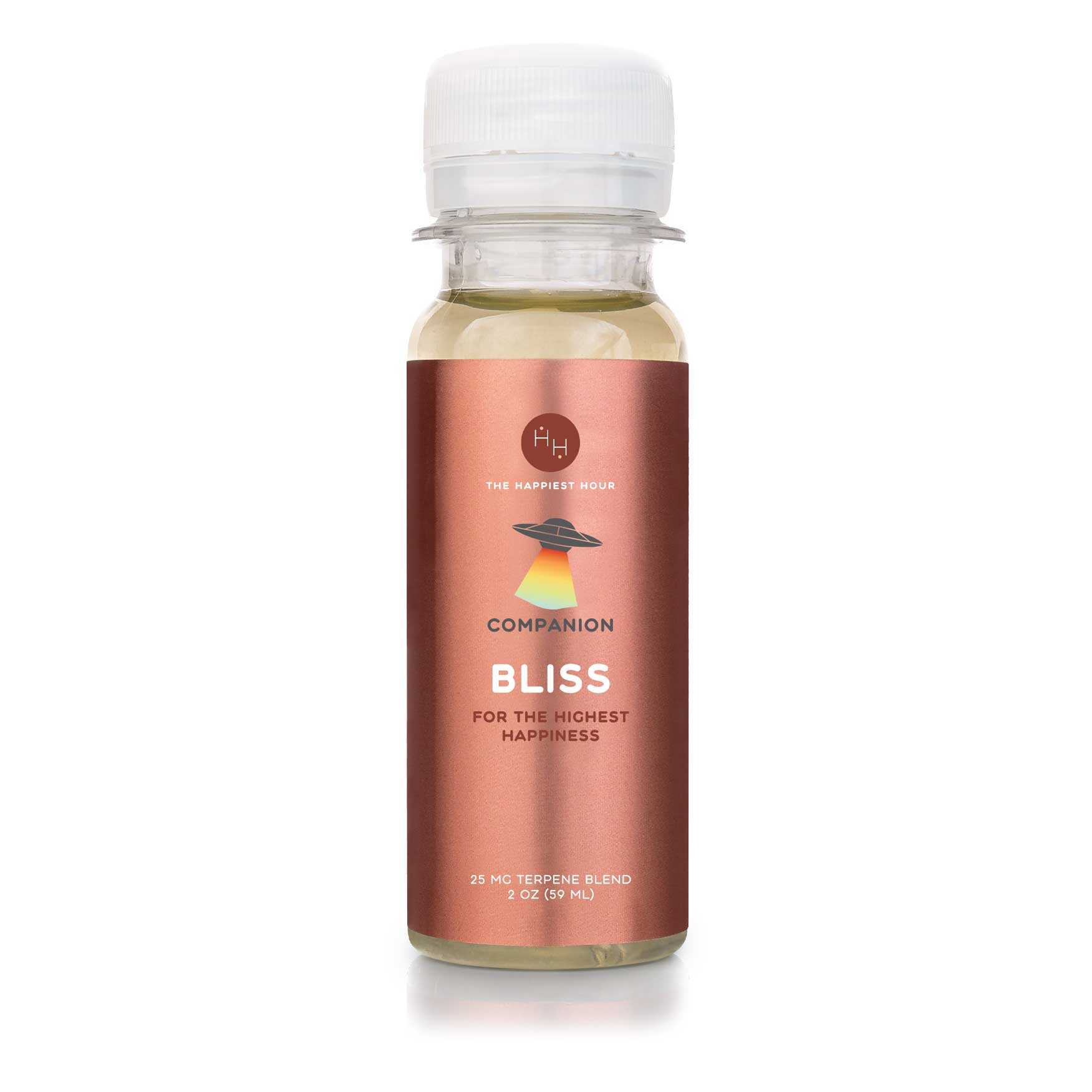 a bottle of a lemon and lavender infused terpene drink called "bliss" from the happiest hour