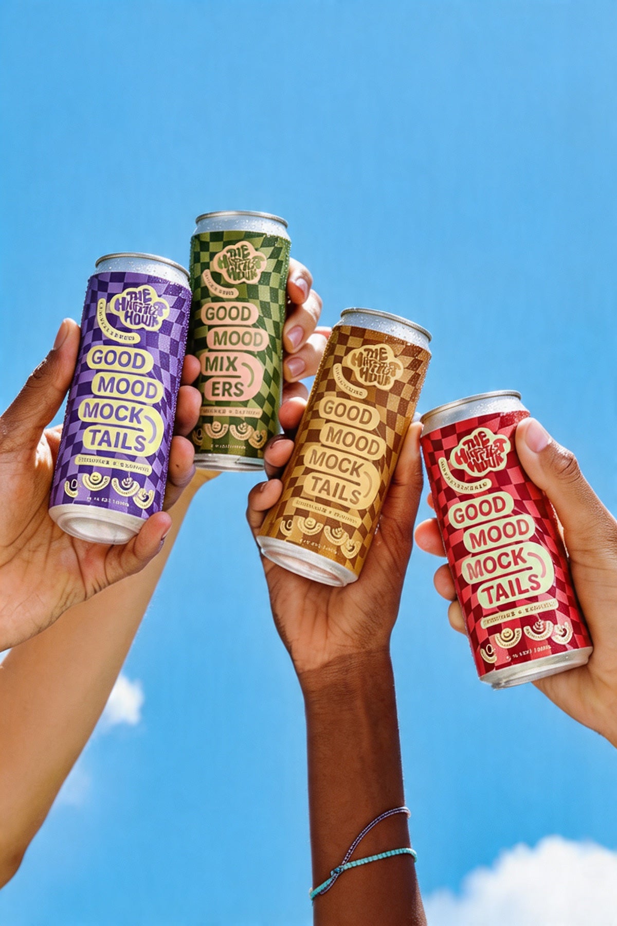 Hands holding Good Mood Mocktails cans